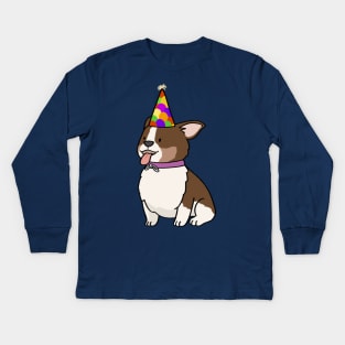 Cute corgi in party hat cartoon Kids Long Sleeve T-Shirt